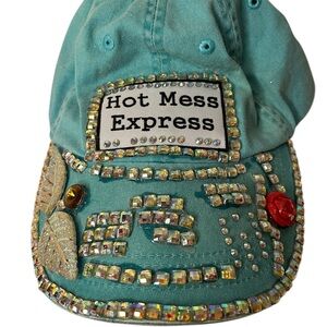 Women's bling adjustable  Cap - Teal with Rhinestones Hot Mess Express